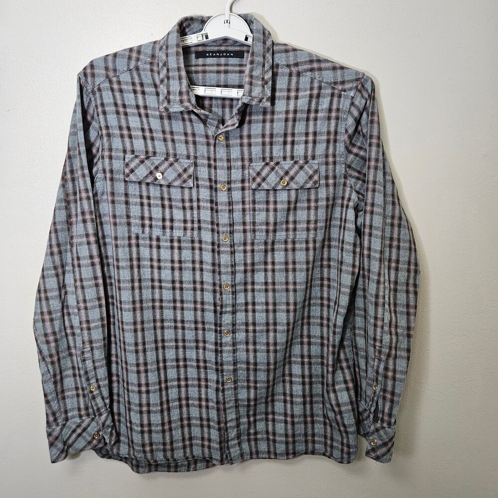 Y2K Sean John Flannel Shirt Mens 3XL Plaid Gray Cotton ButtonUp 90sVibe Grungy
